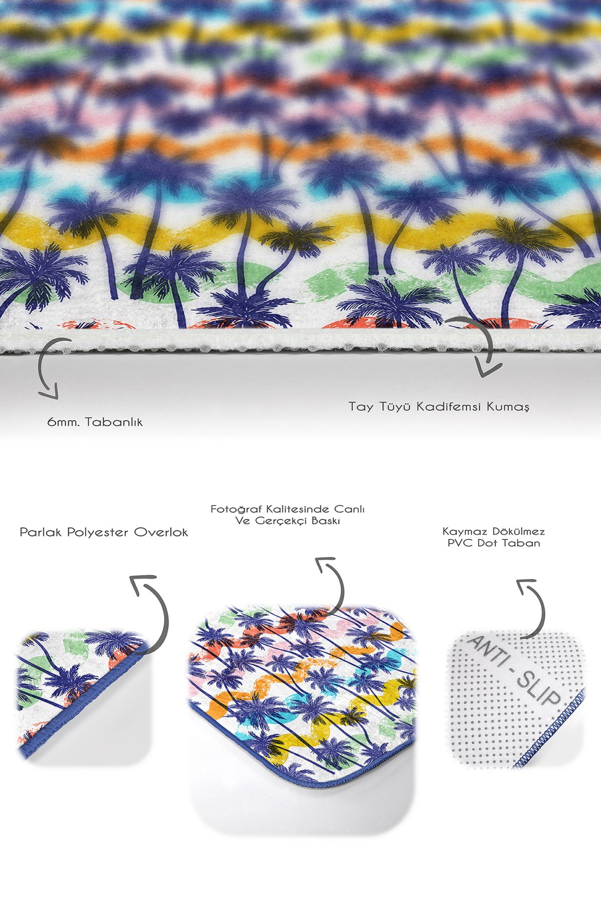 Renkli Çizgiler Mavi Palmiye Ağaçları 2'li Kaymaz Tabanlı Banyo & Mutfak Paspas Takımı Realhomes