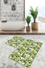 - PaspasTakimi-2li-Set137-Gorsel - Realhomes  Yeşil Yapraklar Limon Desenli Özel Tasarım 2'li Kaymaz Tabanlı Banyo & Mutfak Paspas Takımı Realhomes