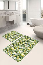 - PaspasTakimi-2li-Set137-Gorsel-2 - Realhomes  Yeşil Yapraklar Limon Desenli Özel Tasarım 2'li Kaymaz Tabanlı Banyo & Mutfak Paspas Takımı Realhomes