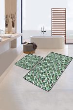 Siyah Zigzag Zemin Tropik Yeşil Yapraklar 2'li Kaymaz Tabanlı Banyo & Mutfak Paspas Takımı Realhomes