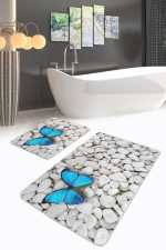 Taş Zemin Mavi Kelebel Dijital Baskılı 2'li Kaymaz Tabanlı Banyo & Mutfak Paspas Takımı Realhomes