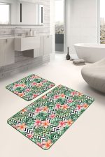 - PaspasTakimi-2li-Set140-Gorsel-2 - Realhomes Siyah Zigzag Zemin Tropik Yaprak Gül Motifli 2'li Kaymaz Tabanlı Banyo & Mutfak Paspas Takımı Realhomes