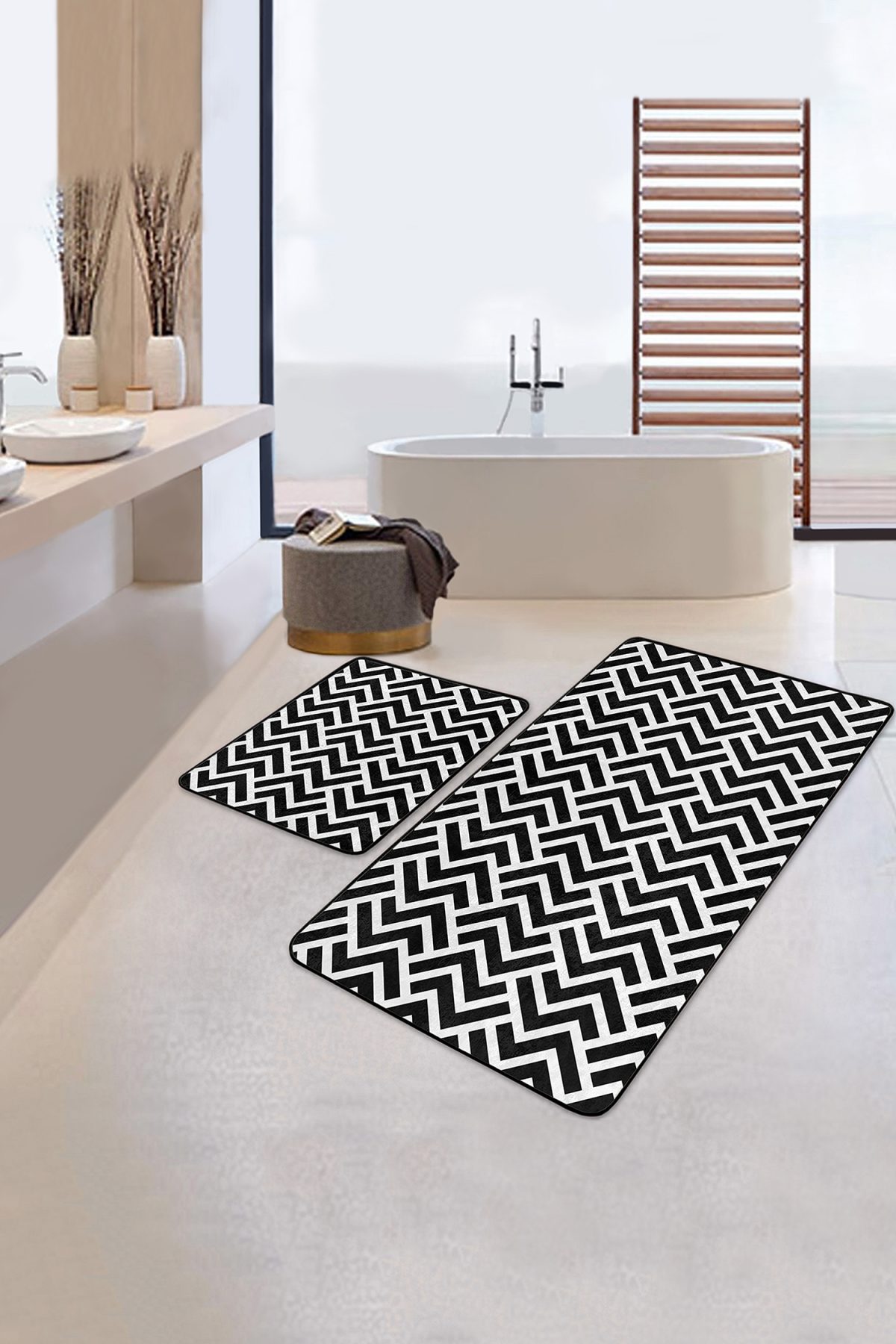 Siyah Beyaz Geeometrik Zigzaglar Dijital Baskılı 2'li Kaymaz Tabanlı Banyo & Mutfak Paspas Takımı Realhomes