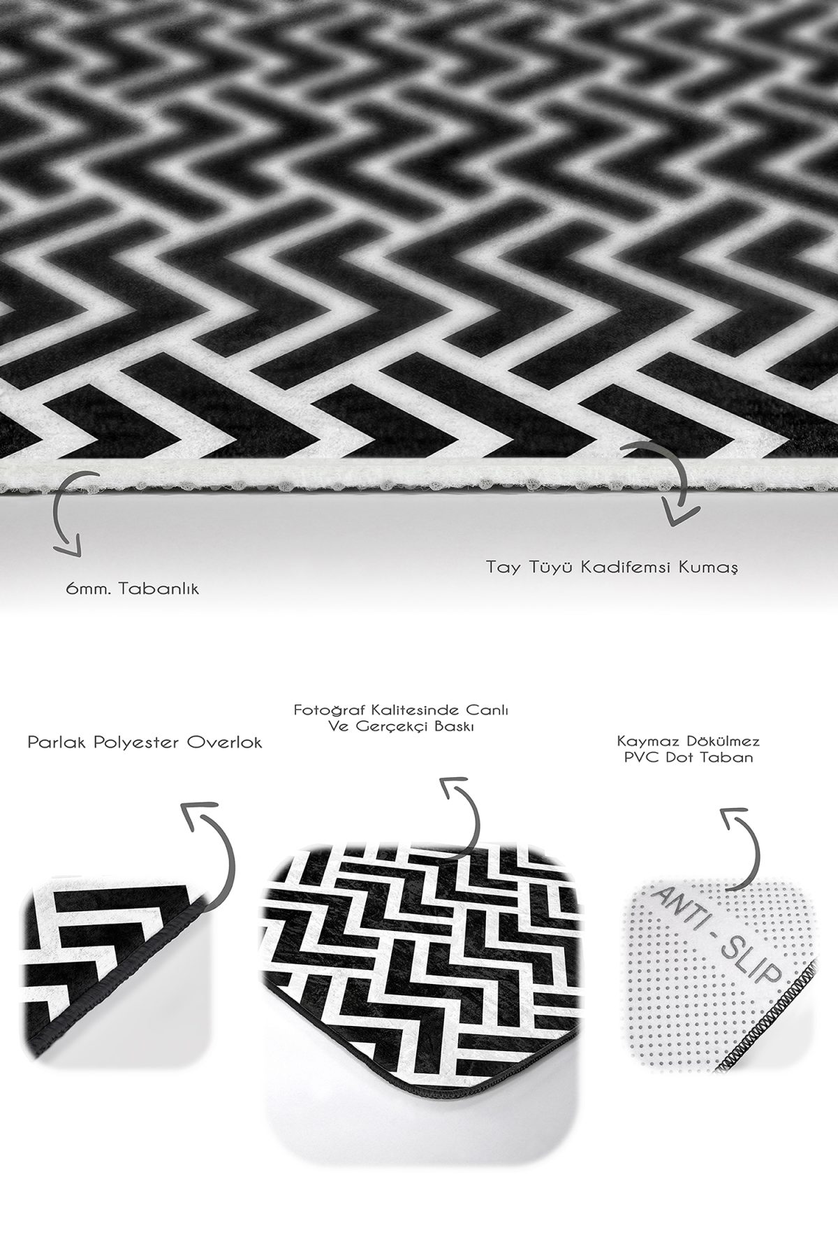 Siyah Beyaz Geeometrik Zigzaglar Dijital Baskılı 2'li Kaymaz Tabanlı Banyo & Mutfak Paspas Takımı Realhomes