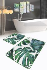 - PaspasTakimi-2li-Set144-Gorsel-2 - Realhomes  Tropik Yapraklar Özel Tasarım 2'li Kaymaz Tabanlı Banyo & Mutfak Paspas Takımı Realhomes