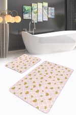 - PaspasTakimi-2li-Set147-Gorsel-1 - Realhomes  Pembe Kareli Zemin Gold Kalp Detaylı 2'li Kaymaz Tabanlı Banyo & Mutfak Paspas Takımı Realhomes