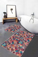 - PaspasTakimi-2li-Set149-Gorsel-2 - Realhomes Etnik Kareli Tasarımlı Dijital Baskılı 2'li Kaymaz Tabanlı Banyo & Mutfak Paspas Takımı Realhomes