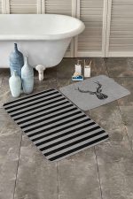 - PaspasTakimi-2li-Set156-Gorsel - Realhomes  Gri Siyah Çizgili Geyik Motifli 2'li Kaymaz Tabanlı Banyo & Mutfak Paspas Takımı Realhomes