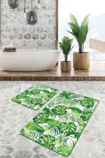 - PaspasTakimi-2li-Set157-Gorsel - Realhomes  Yaprak Motifli Dijital Baskılı 2'li Kaymaz Tabanlı Banyo & Mutfak Paspas Takımı Realhomes