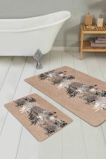 - PaspasTakimi-2li-Set159-Gorsel-1 - Realhomes Kahve Zemin Tropik Yapraklar Dijital Baskılı 2'li Kaymaz Tabanlı Banyo & Mutfak Paspas Takımı Realhomes