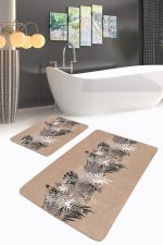 - PaspasTakimi-2li-Set159-Gorsel-2 - Realhomes Kahve Zemin Tropik Yapraklar Dijital Baskılı 2'li Kaymaz Tabanlı Banyo & Mutfak Paspas Takımı Realhomes