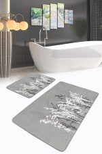 - PaspasTakimi-2li-Set160-Gorsel-2 - Realhomes  Gri Zemin Bitki Tasarımlı 2'li Kaymaz Tabanlı Banyo & Mutfak Paspas Takımı Realhomes