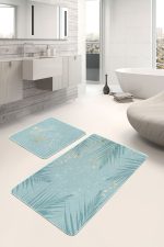 - PaspasTakimi-2li-Set161-Gorsel-1 - Realhomes Mint Yeşili Temalı Yaprak Desenli 2'li Kaymaz Tabanlı Banyo & Mutfak Paspas Takımı Realhomes