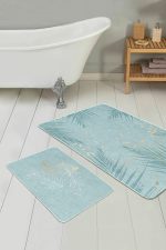 - PaspasTakimi-2li-Set161-Gorsel-2 - Realhomes Mint Yeşili Temalı Yaprak Desenli 2'li Kaymaz Tabanlı Banyo & Mutfak Paspas Takımı Realhomes