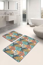 - PaspasTakimi-2li-Set162-Gorsel-1 - Realhomes  Renkli Tropik Yapraklar Dijital Baskılı 2'li Kaymaz Tabanlı Banyo & Mutfak Paspas Takımı Realhomes