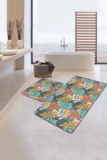 - PaspasTakimi-2li-Set162-Gorsel-2 - Realhomes  Renkli Tropik Yapraklar Dijital Baskılı 2'li Kaymaz Tabanlı Banyo & Mutfak Paspas Takımı Realhomes