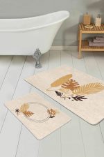 - PaspasTakimi-2li-Set164-Gorsel-1 - Realhomes Krem Zemin Tropik Yaprak Tasarımlı 2'li Kaymaz Tabanlı Banyo & Mutfak Paspas Takımı Realhomes