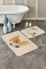 - PaspasTakimi-2li-Set164-Gorsel - Realhomes Krem Zemin Tropik Yaprak Tasarımlı 2'li Kaymaz Tabanlı Banyo & Mutfak Paspas Takımı Realhomes