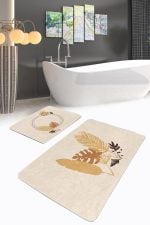 - PaspasTakimi-2li-Set164-Gorsel-2 - Realhomes Krem Zemin Tropik Yaprak Tasarımlı 2'li Kaymaz Tabanlı Banyo & Mutfak Paspas Takımı Realhomes