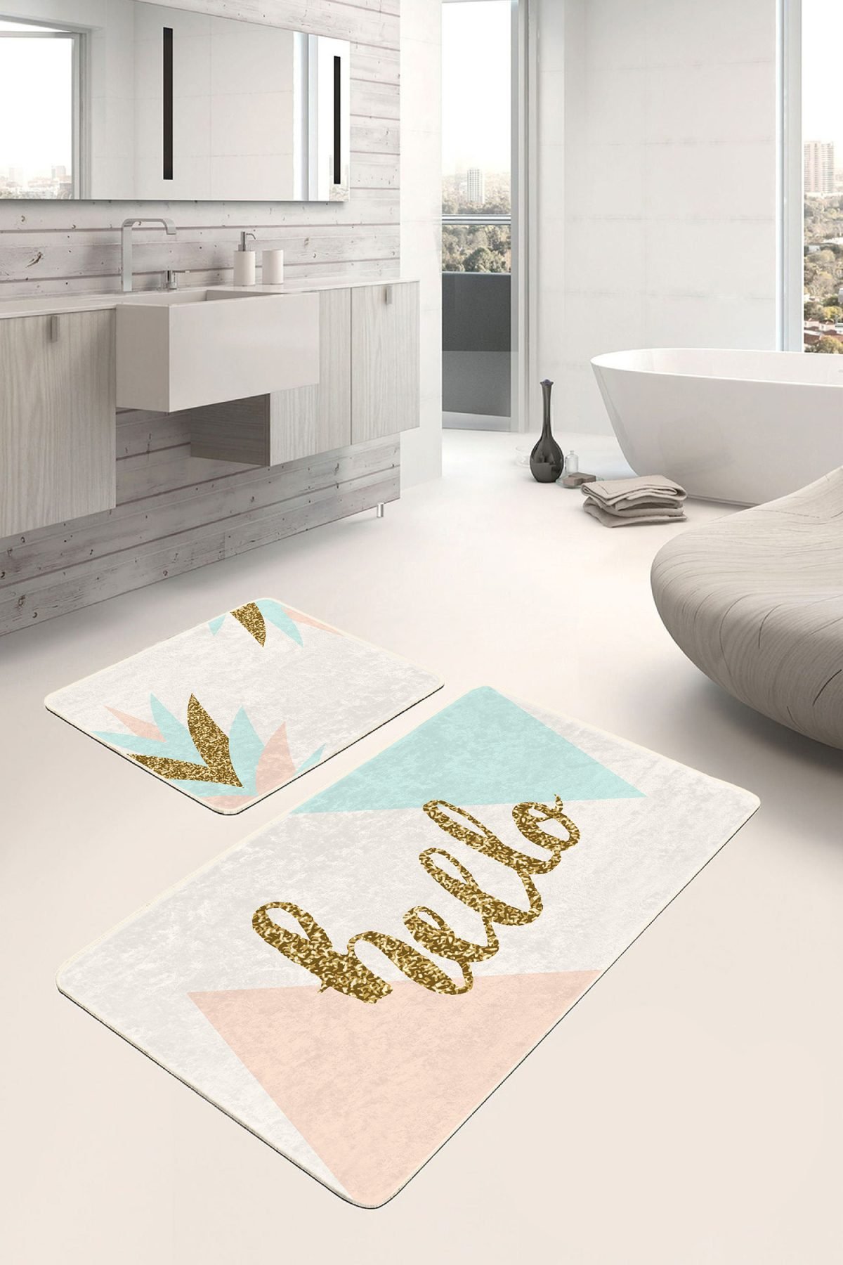 Soft Renkli Gold Detaylı Hello Temalı 2'li Kaymaz Tabanlı Banyo & Mutfak Paspas Takımı Realhomes