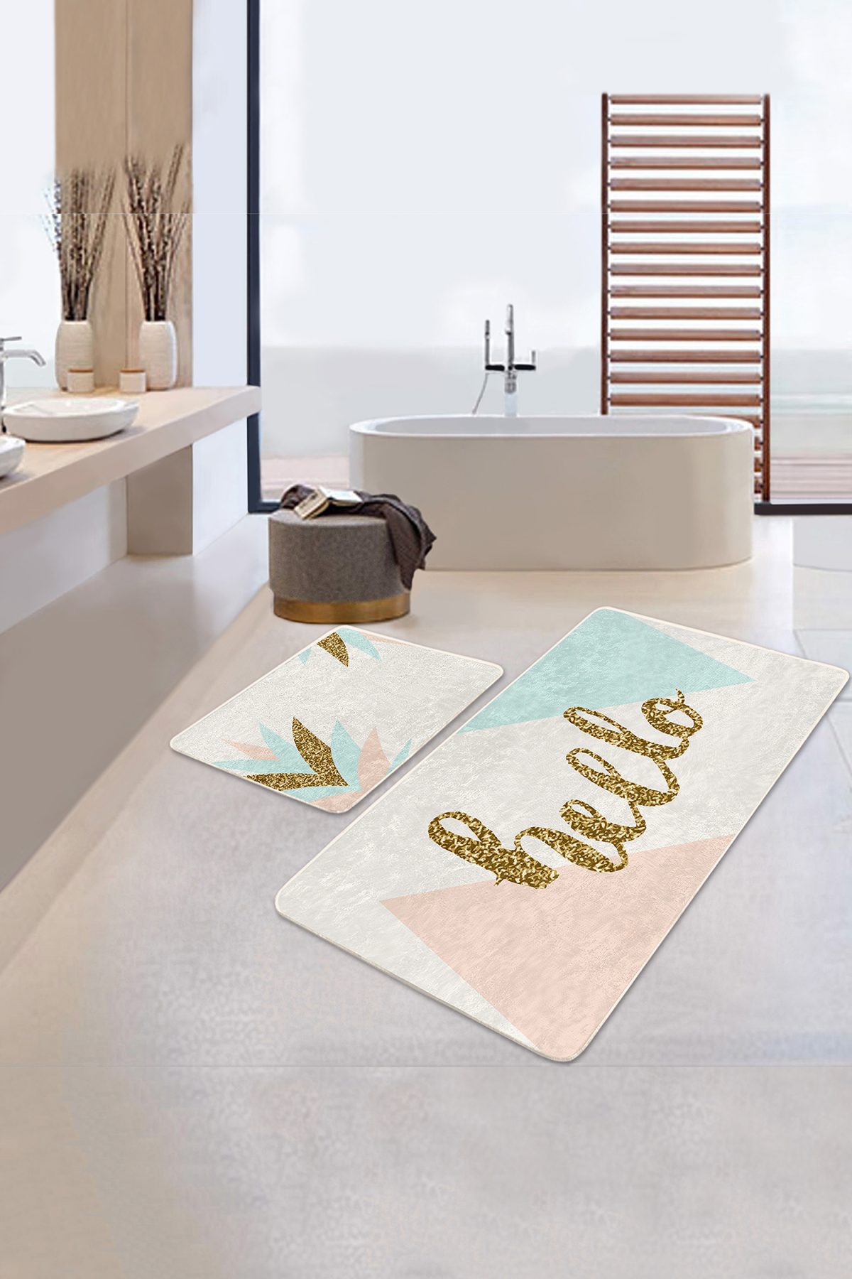 Soft Renkli Gold Detaylı Hello Temalı 2'li Kaymaz Tabanlı Banyo & Mutfak Paspas Takımı Realhomes