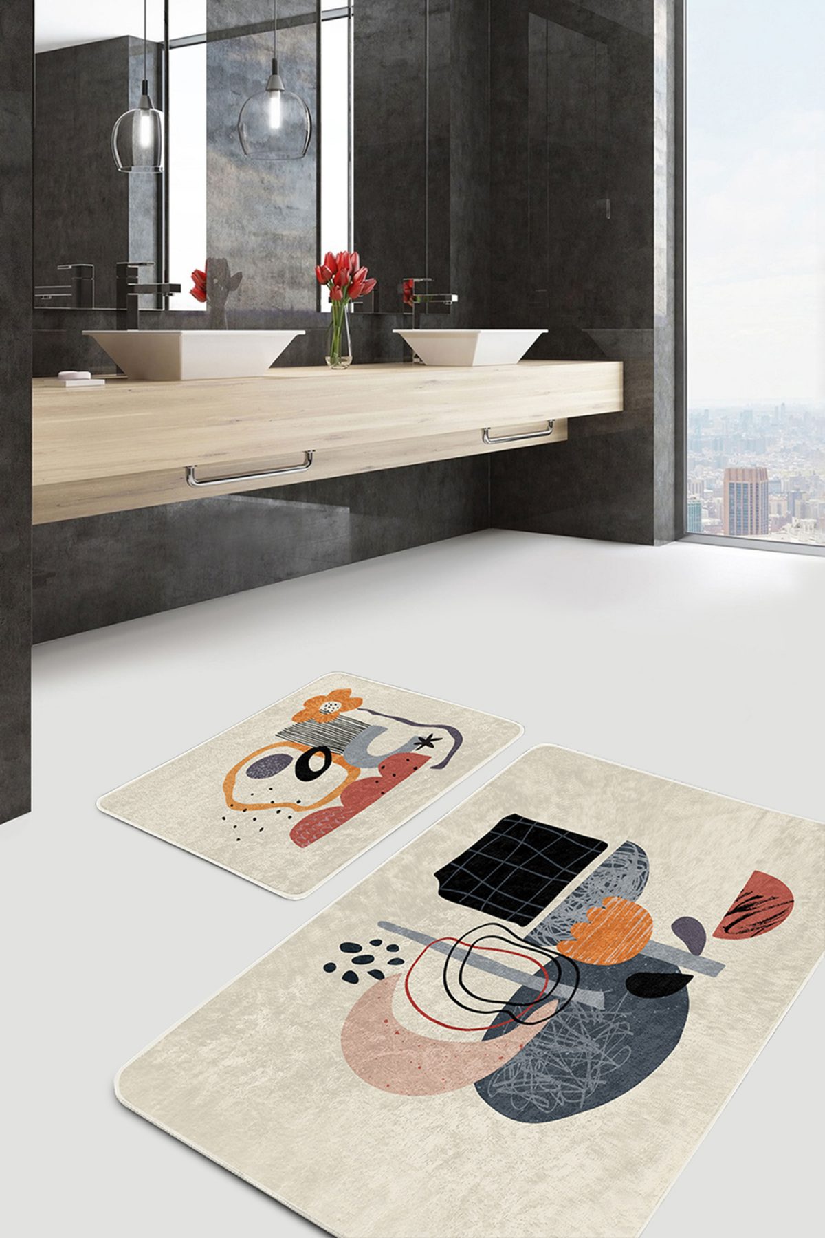 Soyut Tasarımlı Dijital Baskılı 2'li Kaymaz Tabanlı Banyo & Mutfak Paspas Takımı Realhomes