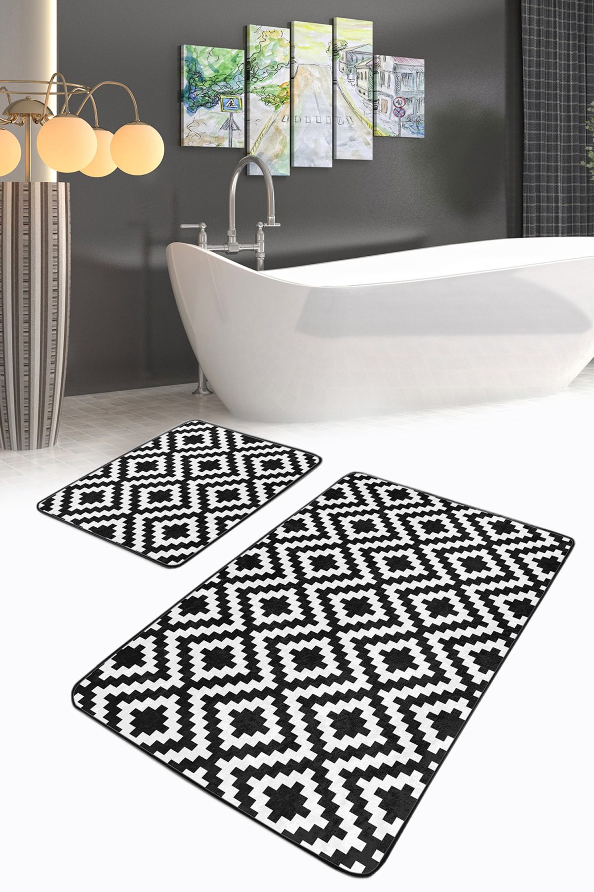 Siyah Beyaz Mozaik Desenli Dijital Baskılı 2'li Kaymaz Tabanlı Banyo & Mutfak Paspas Takımı Realhomes