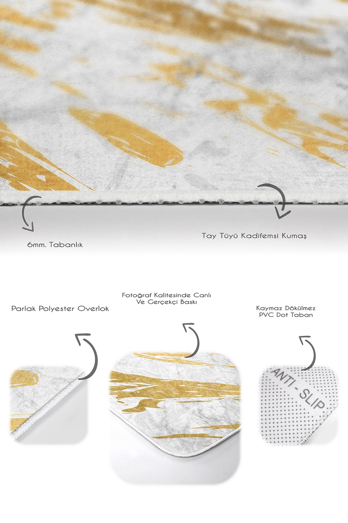 Mermer Tasarımlı Gold Detaylı Dijital Baskılı 2'li Kaymaz Tabanlı Banyo & Mutfak Paspas Takımı Realhomes