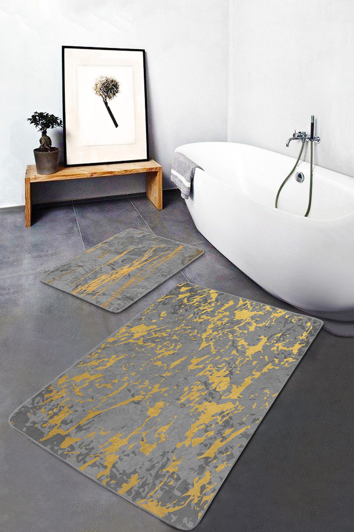 Gri Gold Detaylı Mermer Motifli 2'li Kaymaz Tabanlı Banyo & Mutfak Paspas Takımı Realhomes