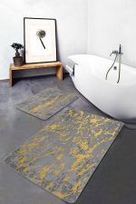 - PaspasTakimi-2li-Set173-Gorsel - Realhomes  Gri Gold Detaylı Mermer Motifli 2'li Kaymaz Tabanlı Banyo & Mutfak Paspas Takımı Realhomes