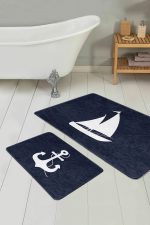 - PaspasTakimi-2li-Set175-Gorsel-2 - Realhomes Lacivert Zemin Çapa & Kayık Motifli 2'li Kaymaz Tabanlı Banyo & Mutfak Paspas Takımı Realhomes