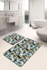 Renkli Gold Detaylı Palmiye Ağaçları Özel Tasarım 2'li Kaymaz Tabanlı Banyo & Mutfak Paspas Takımı Realhomes