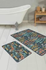 - PaspasTakimi-2li-Set179-Gorsel-1 - Realhomes  Renkli Uzun Tropik Yaprak Dijital Baskılı 2'li Kaymaz Tabanlı Banyo & Mutfak Paspas Takımı Realhomes