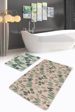 - PaspasTakimi-2li-Set182-Gorsel - Realhomes  Soft Zemin Tropik Yapraklar Dijital Baskılı 2'li Kaymaz Tabanlı Banyo & Mutfak Paspas Takımı Realhomes