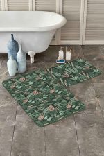 - PaspasTakimi-2li-Set183-Gorsel-1 - Realhomes Yeşil Zemin Tropik Yapraklar Dijital Baskılı 2'li Kaymaz Tabanlı Banyo & Mutfak Paspas Takımı Realhomes