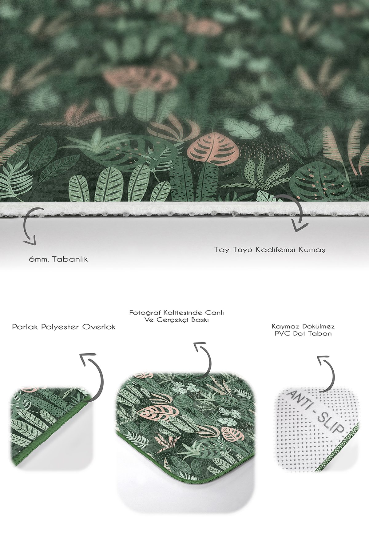 Yeşil Zemin Tropik Yapraklar Dijital Baskılı 2'li Kaymaz Tabanlı Banyo & Mutfak Paspas Takımı Realhomes