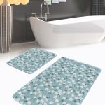 Mavi Ortanca Çiçeği Kelebek Motifli 2'li Kaymaz Tabanlı Banyo & Mutfak Paspas Takımı Realhomes
