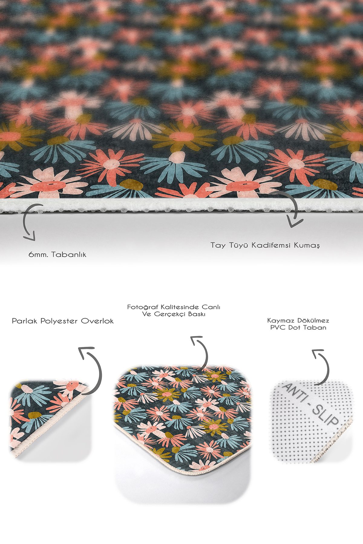 Rengarenk Papatya Çiçekleri Özel Tasarımlı 2'li Kaymaz Tabanlı Banyo & Mutfak Paspas Takımı Realhomes