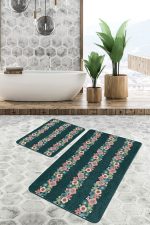 - PaspasTakimi-2li-Set187-Gorsel - Realhomes  Yeşil Zemin Tropik Çiçek Motifli 2'li Kaymaz Tabanlı Banyo & Mutfak Paspas Takımı Realhomes