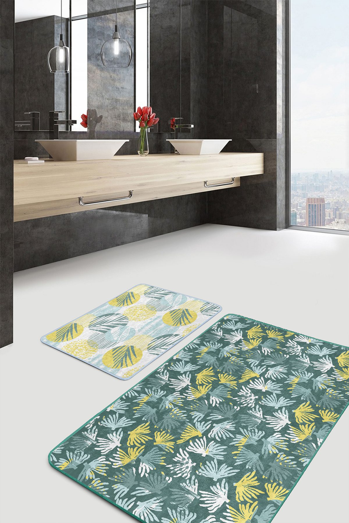 Soft Renkli Tropik Yapraklar Özel Tasarım 2'li Kaymaz Tabanlı Banyo & Mutfak Paspas Takımı Realhomes