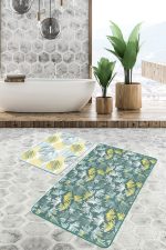 - PaspasTakimi-2li-Set189-Gorsel-2 - Realhomes Soft Renkli Tropik Yapraklar Özel Tasarım 2'li Kaymaz Tabanlı Banyo & Mutfak Paspas Takımı Realhomes