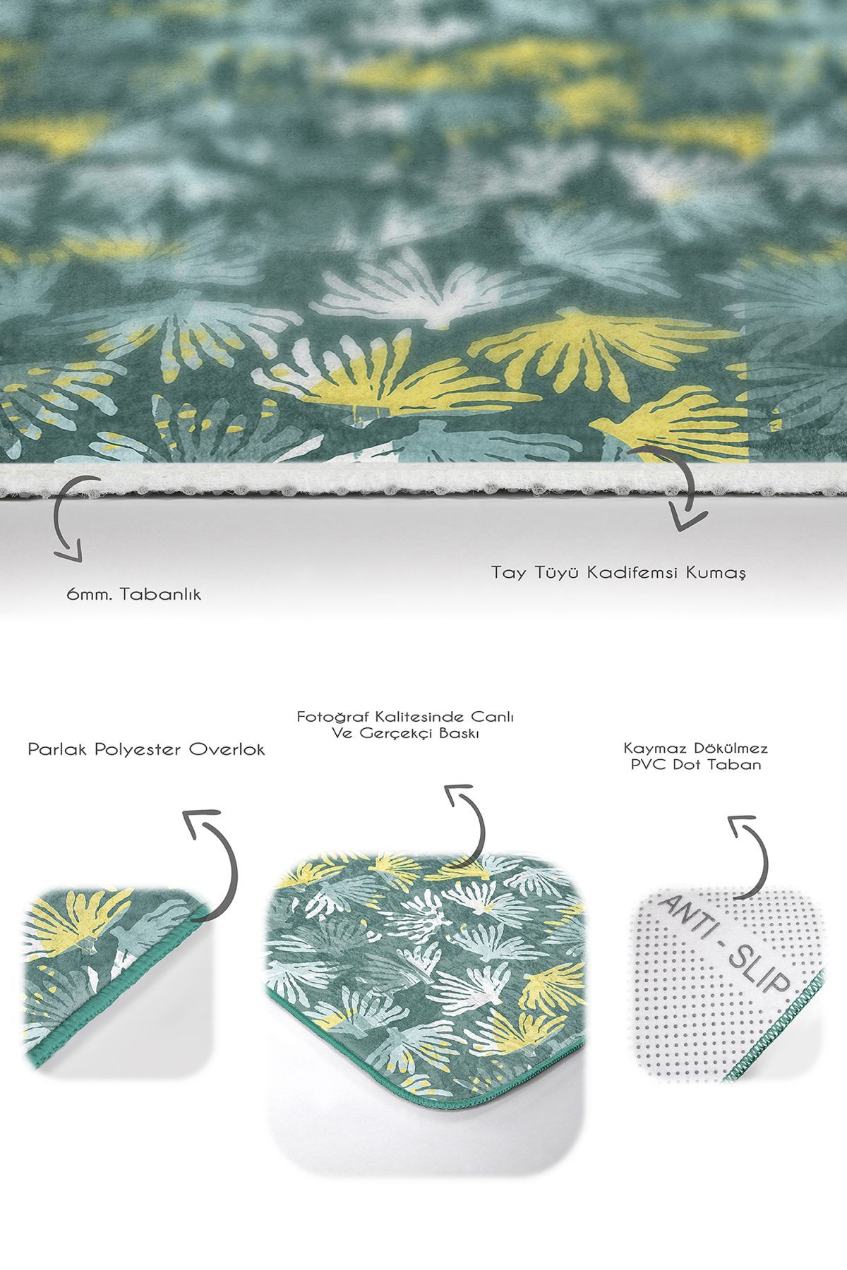 Soft Renkli Tropik Yapraklar Özel Tasarım 2'li Kaymaz Tabanlı Banyo & Mutfak Paspas Takımı Realhomes