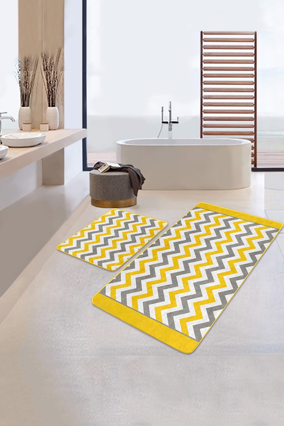 Sarı Gri Geometrik Zigzag Motifli 2'li Kaymaz Tabanlı Banyo & Mutfak Paspas Takımı Realhomes