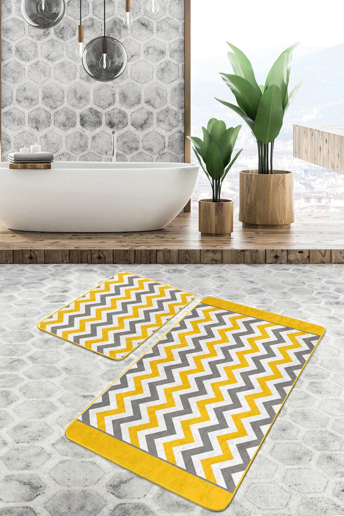 Sarı Gri Geometrik Zigzag Motifli 2'li Kaymaz Tabanlı Banyo & Mutfak Paspas Takımı Realhomes
