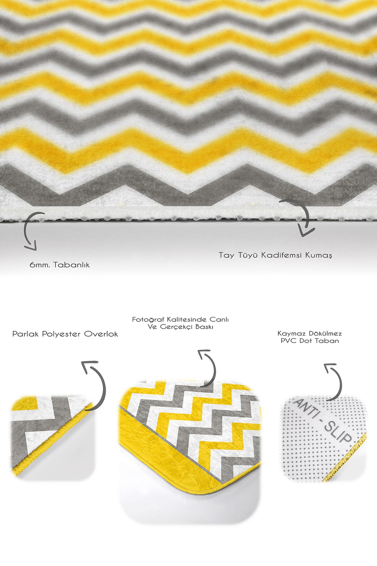 Sarı Gri Geometrik Zigzag Motifli 2'li Kaymaz Tabanlı Banyo & Mutfak Paspas Takımı Realhomes