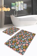 Siyah Zemin Rengarenk Çiçek Desenli Dijital Baskılı 2'li Kaymaz Tabanlı Banyo & Mutfak Paspas Takımı Realhomes