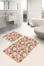 Pudra Zeminde Onedraw Çizimli Rengarenk Çiçek Motifli 2'li Kaymaz Tabanlı Banyo & Mutfak Paspas Takımı Realhomes