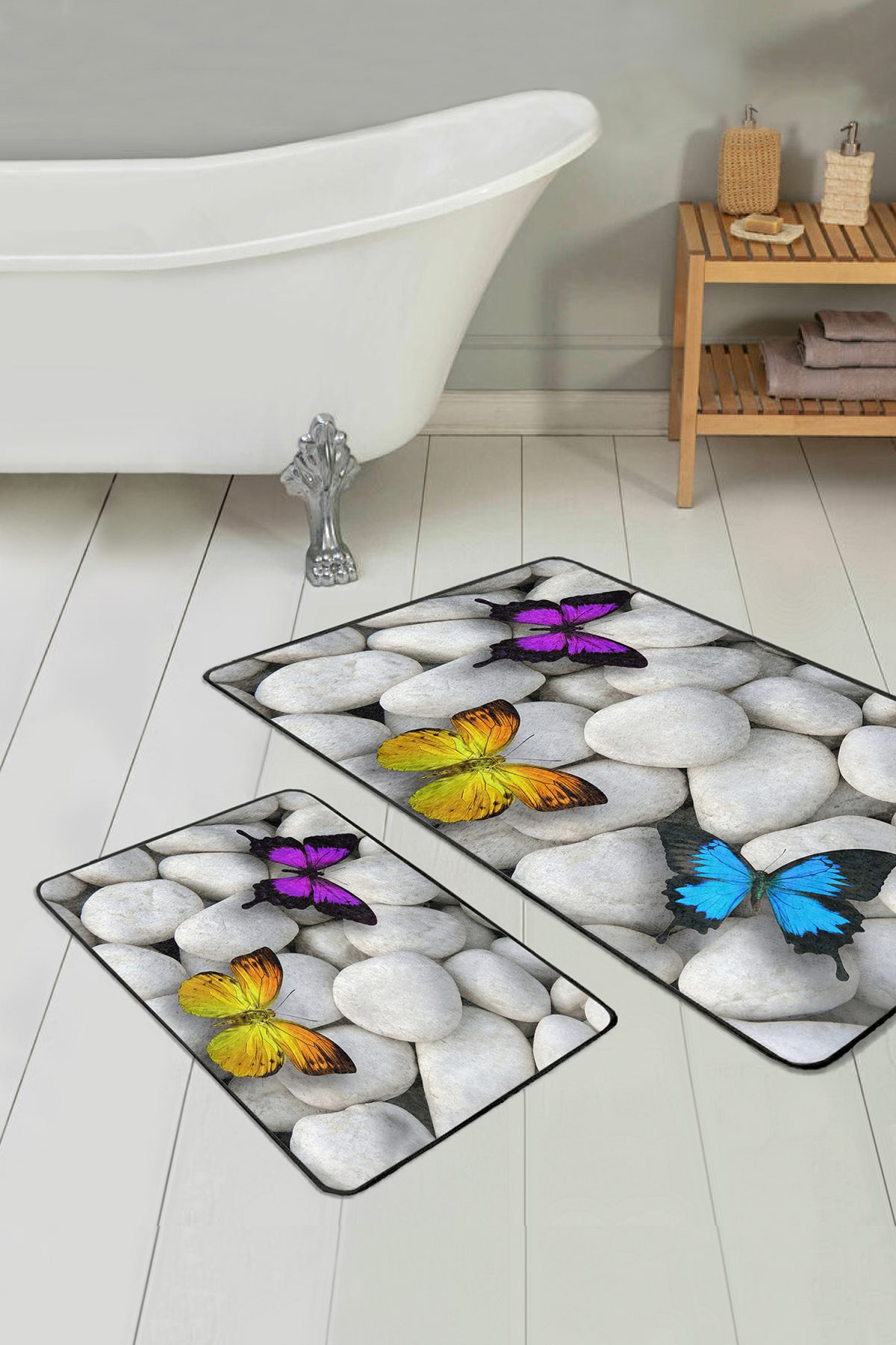 Taş Zemin Renkli Kelebek Tasarımlı 2'li Kaymaz Tabanlı Banyo & Mutfak Paspas Takımı Realhomes