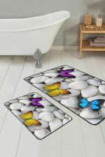 - PaspasTakimi-2li-Set2-Gorsel - Realhomes  Taş Zemin Renkli Kelebek Tasarımlı 2'li Kaymaz Tabanlı Banyo & Mutfak Paspas Takımı Realhomes