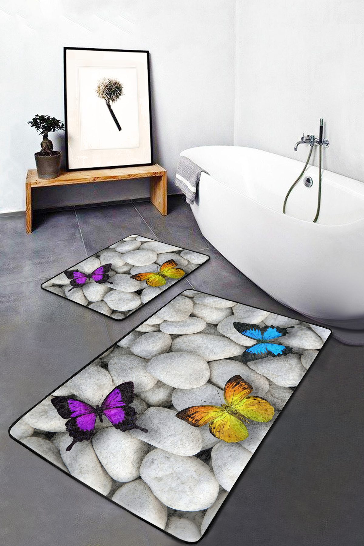 Taş Zemin Renkli Kelebek Tasarımlı 2'li Kaymaz Tabanlı Banyo & Mutfak Paspas Takımı Realhomes
